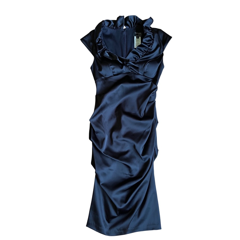 XSCAPE Petite Joanna Chen Black Satin Ruched Portrait Neck Dress 4P